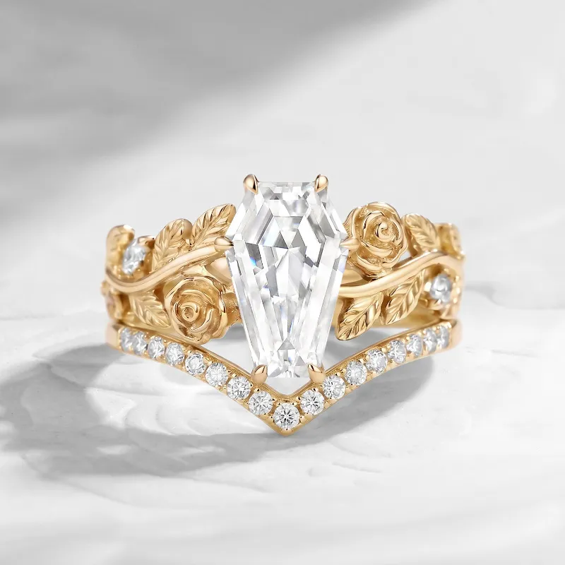 Starlandus A Rose Is A Rose Is A Rose nature inspired coffin colorless moissanite romantic rose flower engagement ring set with curved band