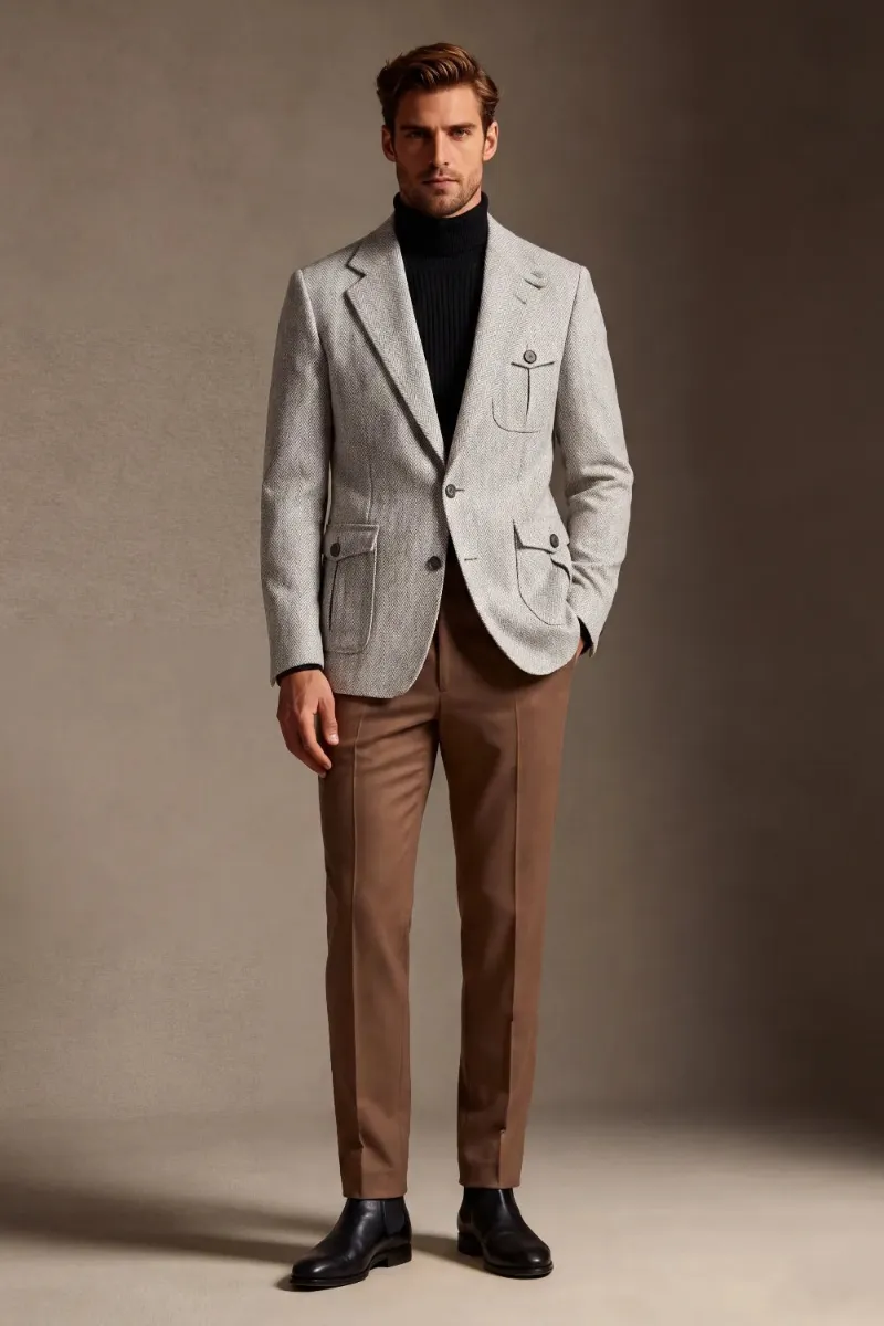 Wehilion Men's Beige Herringbone Single Breasted 2 Piece Suit shown as jacket and trousers
