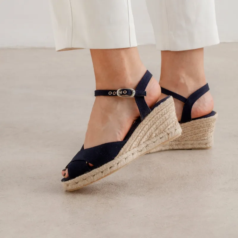BIANKINA Taggia Organic Canvas Eco Vegan Espadrille Wedges in navy blue with criss-cross straps