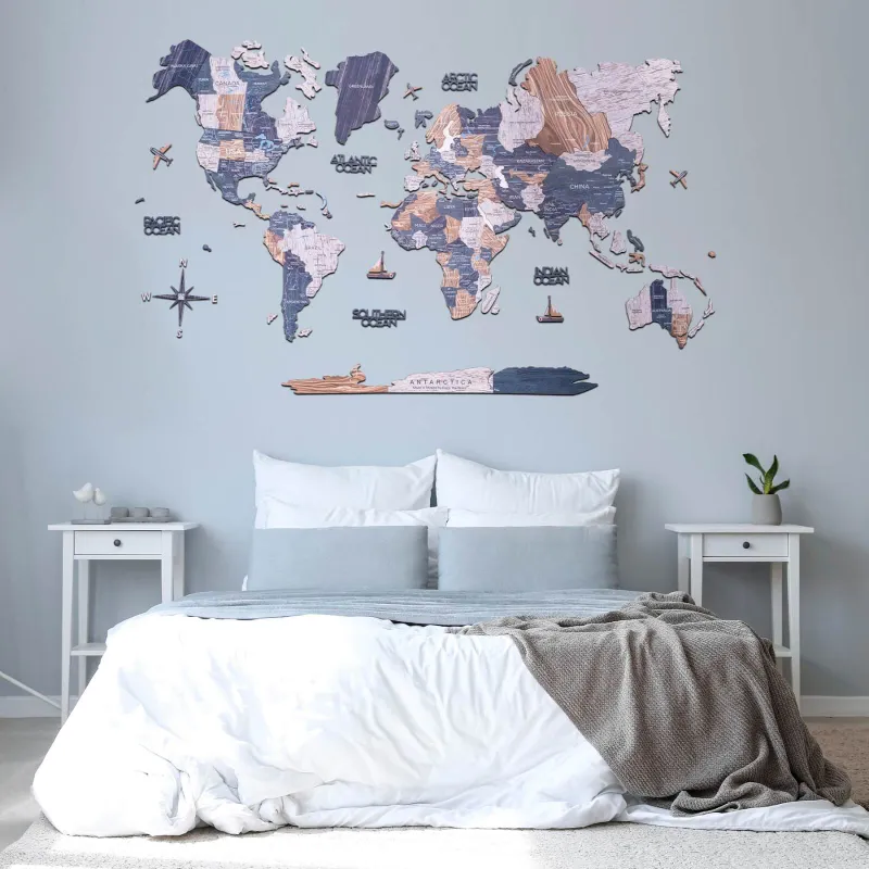 Enjoy The Wood 2D Wooden World Map Mystery featuring beige and turquoise color palette