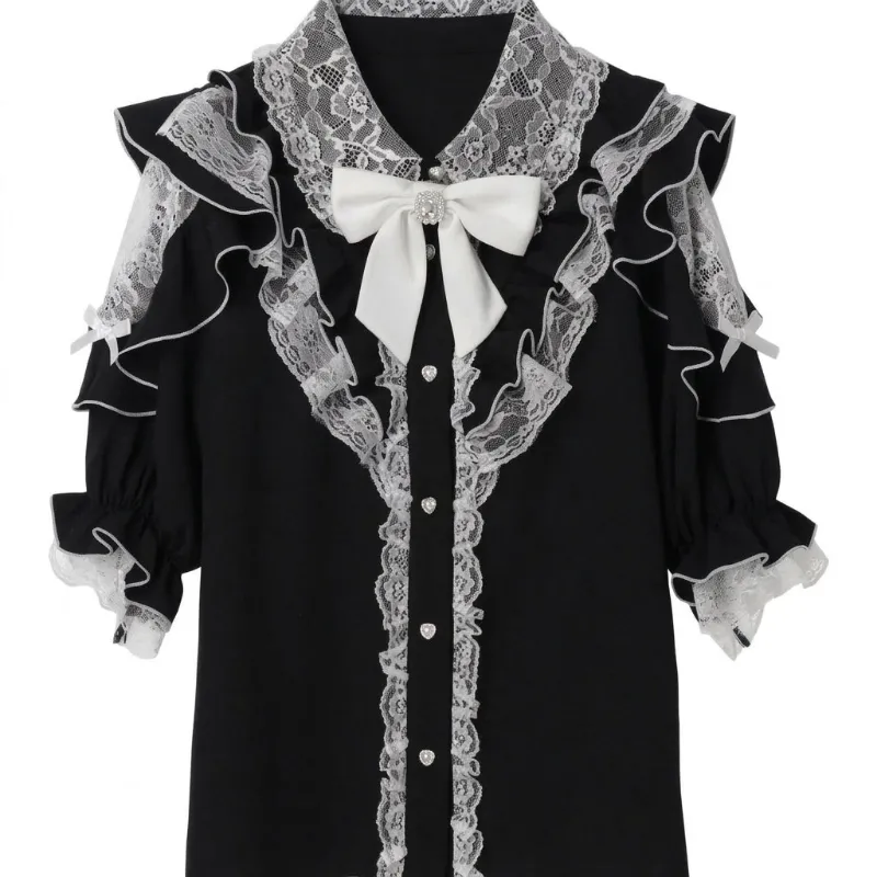 Shoptery Jirai Kei Black Lace Ruffle Bow Button-Up Blouse with oversized bow and lace trim