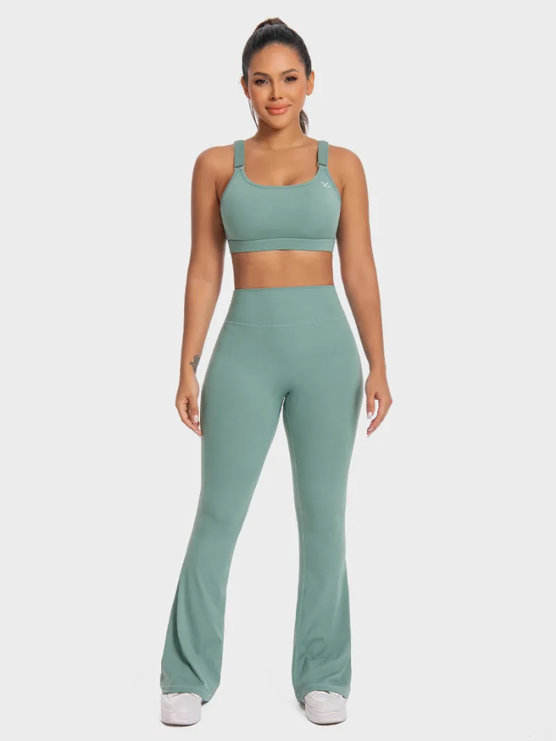 Zuluzenith 2 Piece High Waist Workout Activewear Gym Set with crossed-back sports bra and vintage flare leggings