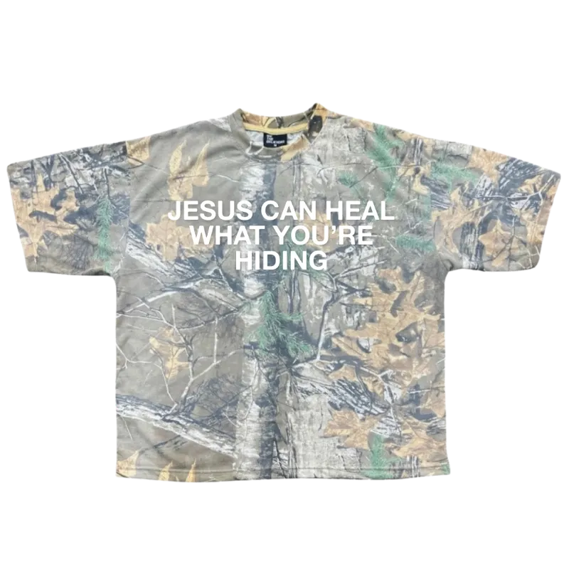 We The Believers Jesus Can Heal What You're Hiding t-shirt in acid washed camo finish