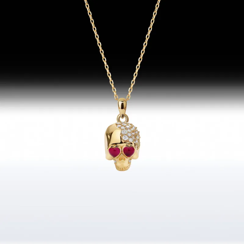Starlandus Skull in Love Memento Mori Skull Birthstone Necklace with heart-shaped eye sockets on chain