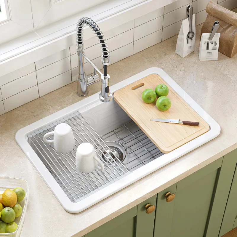 HOROW 30 Inch Top Mount Kitchen Sink with Drainboard showing single bowl ceramic design