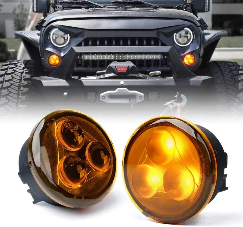 Sunpie Amber/Smoke LED Front Turn Signal Lights for 2007-2018 Jeep Wrangler JK JKU, showing smoked lens with amber LED