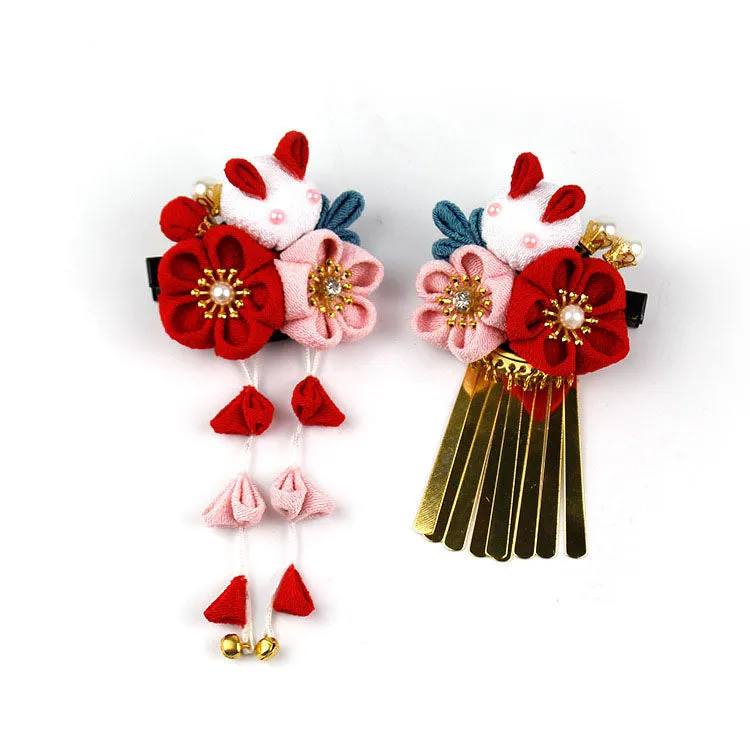 Foxtume Handmade Tsumami Kanzashi Hair Clip 2 Pieces Set Red Sakura x Rabbit showing red sakura and rabbit fabric ornaments on clips