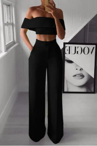 Mislish 2 Piece Set Clothes Wide Leg Pant Suits Cropped Top & Long Pants in black, front view