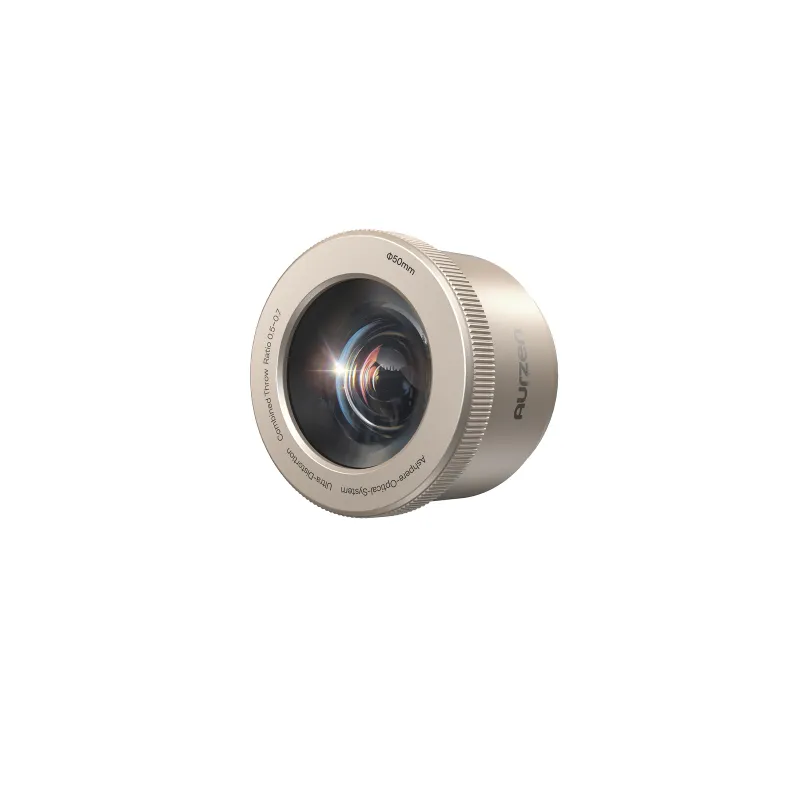 Aurzen AuroraBeam Lens attached to a projector showing a large projected image on the wall