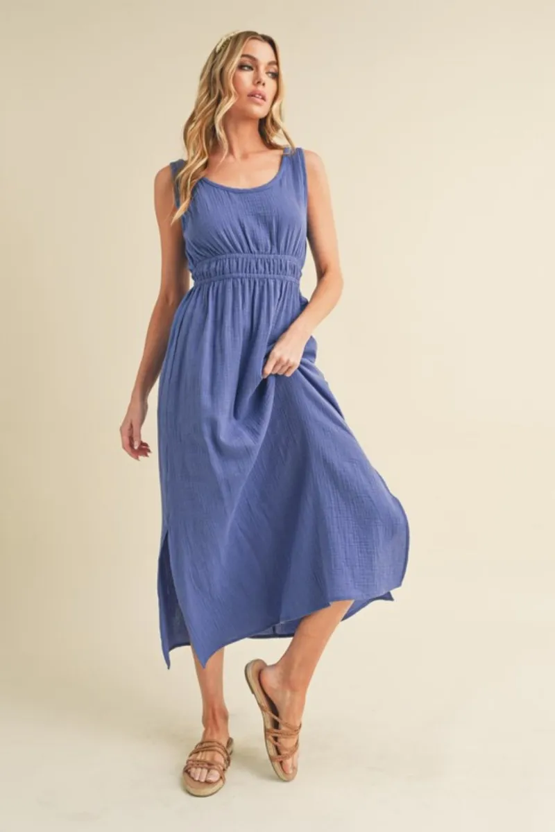 BIANKINA Side Slit Round Neck Sleeveless Tank Dress in dusty blue with pockets