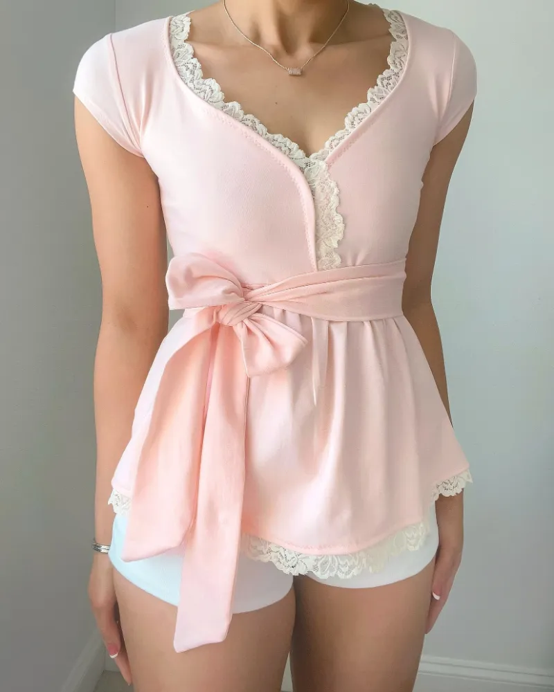 Bit By Angie Hattie babydoll short sleeve (Baby pink) showing a pink babydoll top with sweetheart neckline and short sleeves