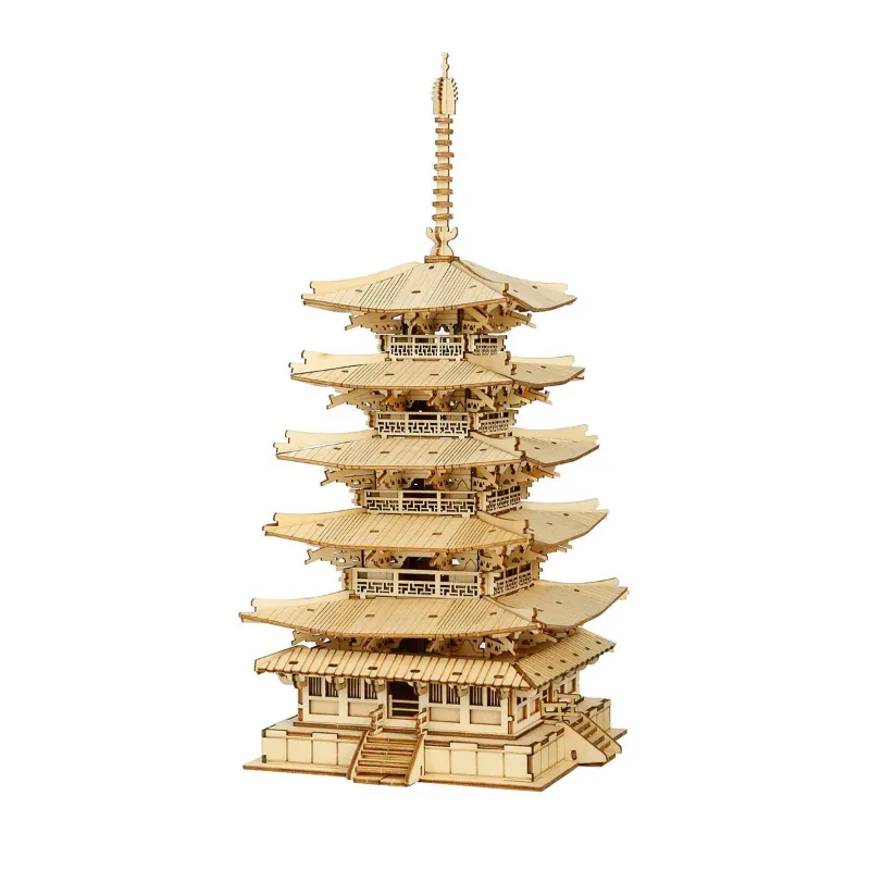 Varvikas 3D Wooden Puzzle Kit, Five-storied Pagoda (RK013e) showing completed assembled model