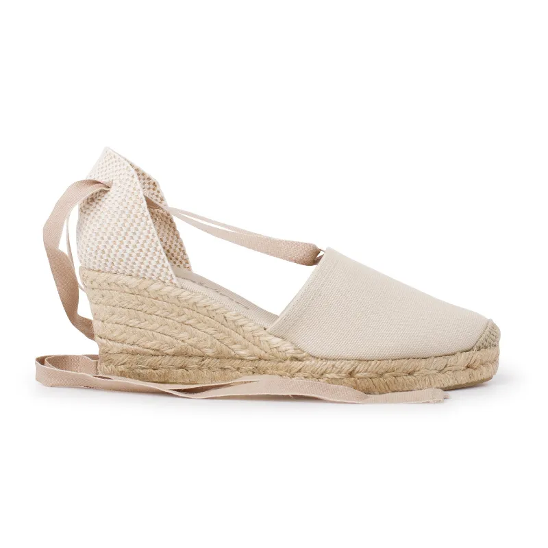 BIANKINA Almanera Sustainable Eco Friendly Vegan Canvas Espadrille Wedges in beige tan with ankle laces