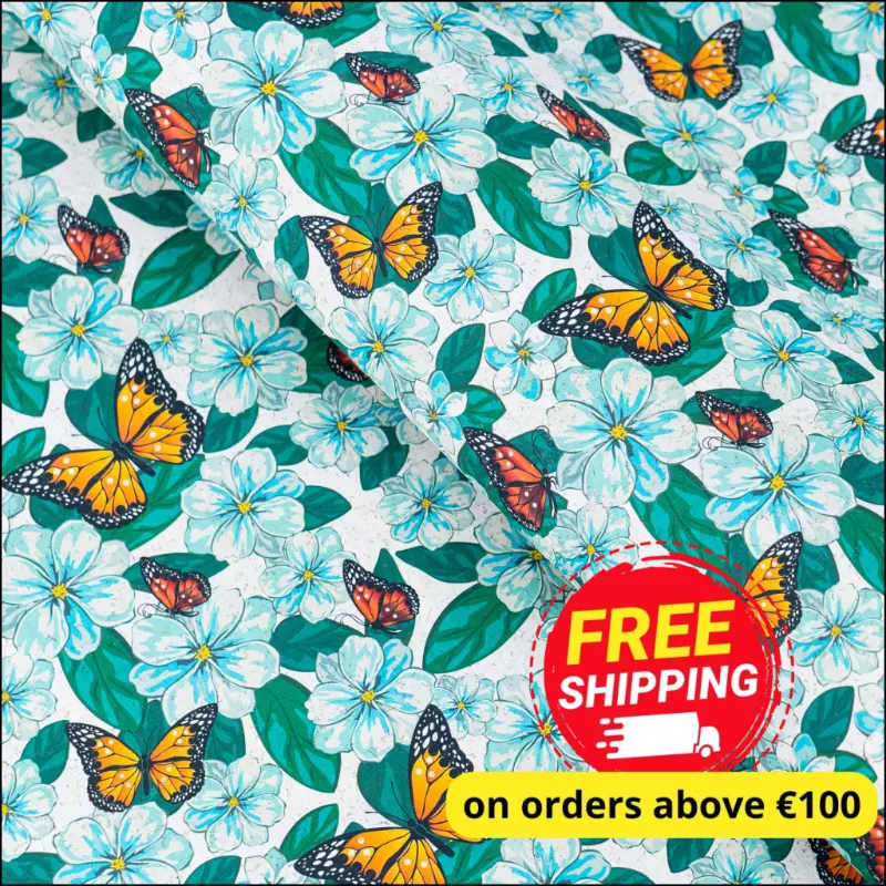 Corkadia colorful butterfly and flower cork fabric COF-631 with orange butterfly and teal floral print