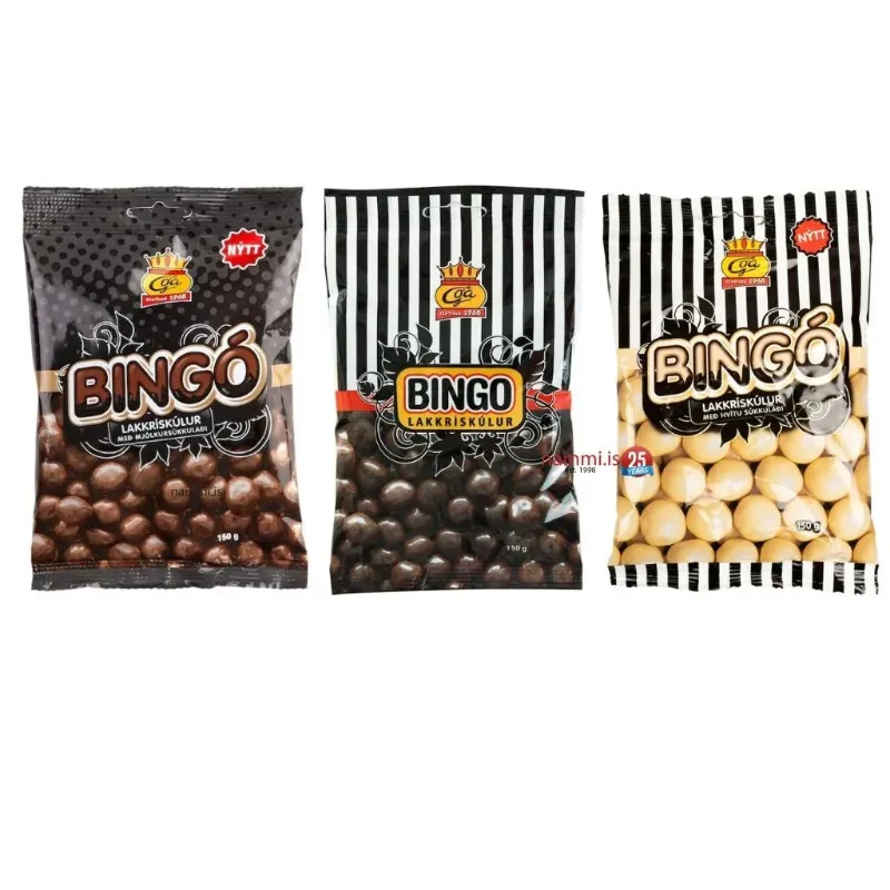 Nammi Bingó Kúlur 3 pack with dark, milk, and white chocolate liquorice treats