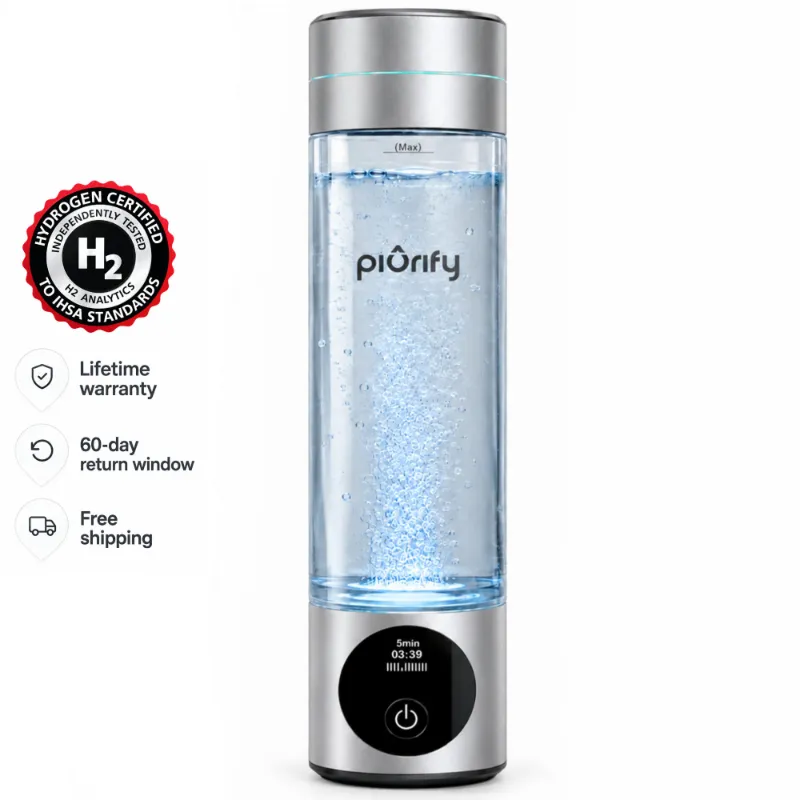 Piurify Hydrogenator Hydrogen Water Bottle in silver, portable hydrogen-infusing water bottle