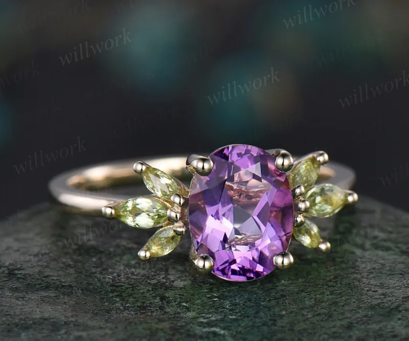 WillWork Jewelry 2ct oval purple amethyst ring vintage marquise peridot ring yellow gold unique engagement ring women gemstone wing ring pro