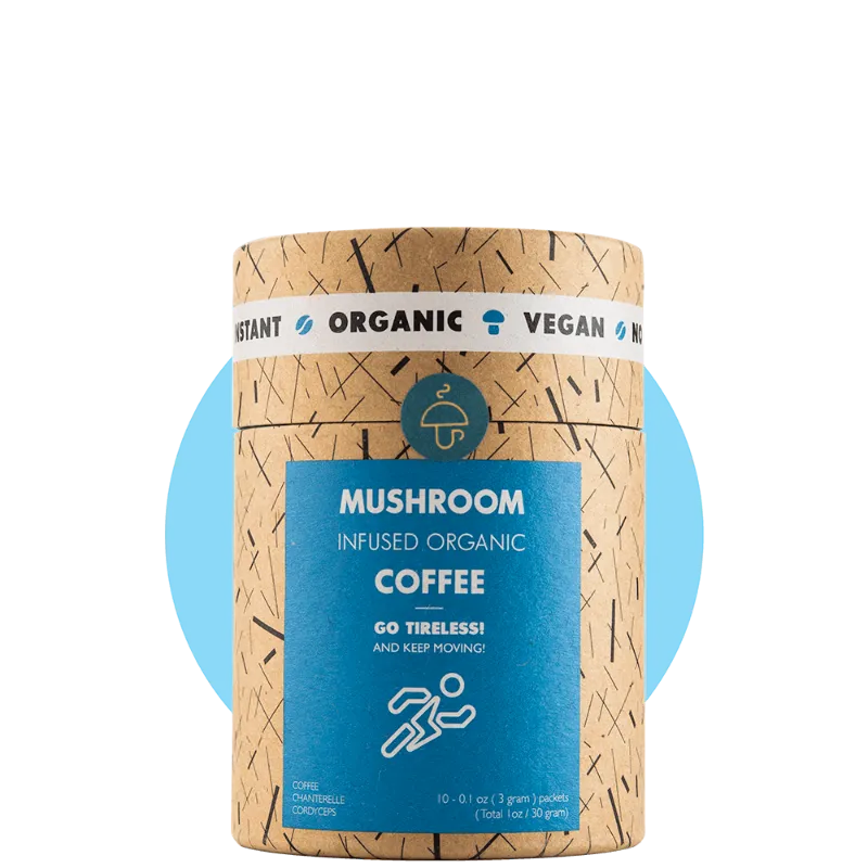 Mushroom Cups Go Tireless organic instant coffee 10 servings box