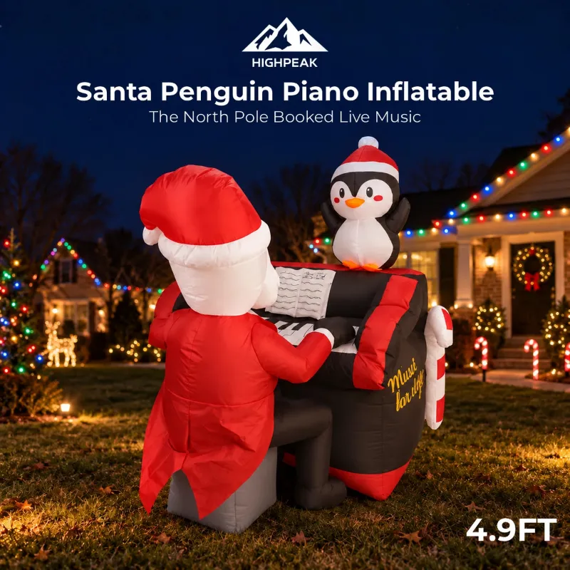 HighPeak 4.9FT Santa Penguin Piano Inflatable, Santa at a decorated piano with a penguin on top