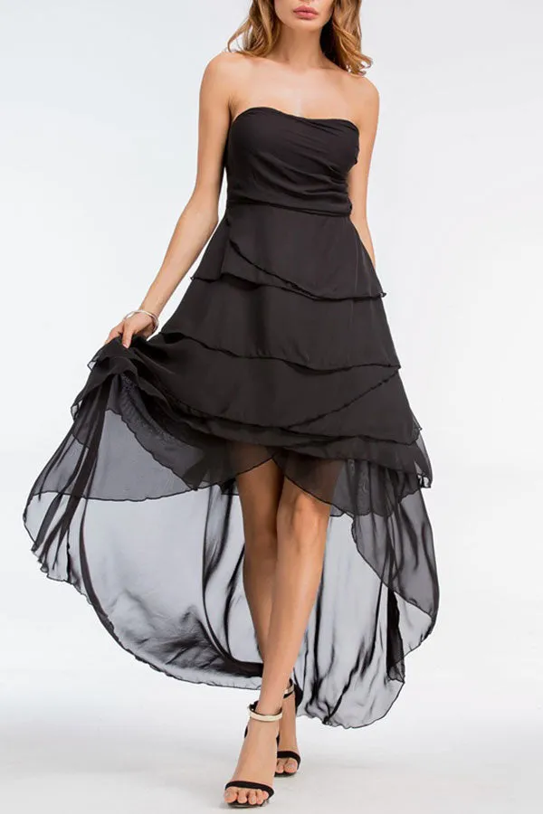 Mislish Black Ruched Bandeau Chiffon Dress, full length