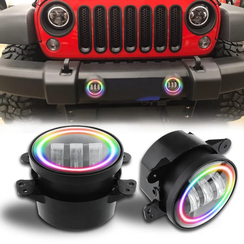 Sunpie 4-inch Cree RGB Halo Rotating Series LED fog lights showing colorful halo ring for 2007-2018 Jeep Wrangler JK