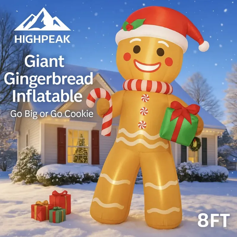 HighPeak 8FT Giant Gingerbread Inflatable glowing in a decorated front yard at night