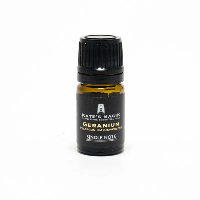 Kates Magik Geranium Essential Oil bottle with floral steam distilled oil