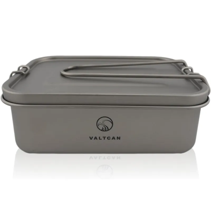 Valtcan Titanium Bento Box with wire latch, shallow rectangular shape, bare metal