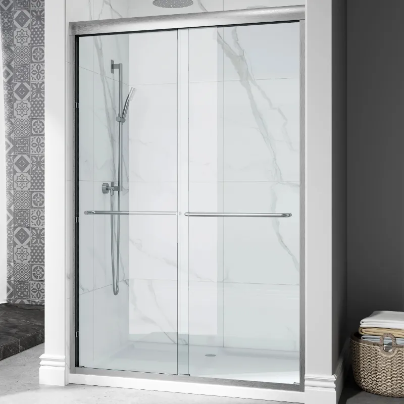 HOROW Brushed Nickel Double Sliding Shower Door HR4872-BN, 48 inch nickel double sliding glass shower door