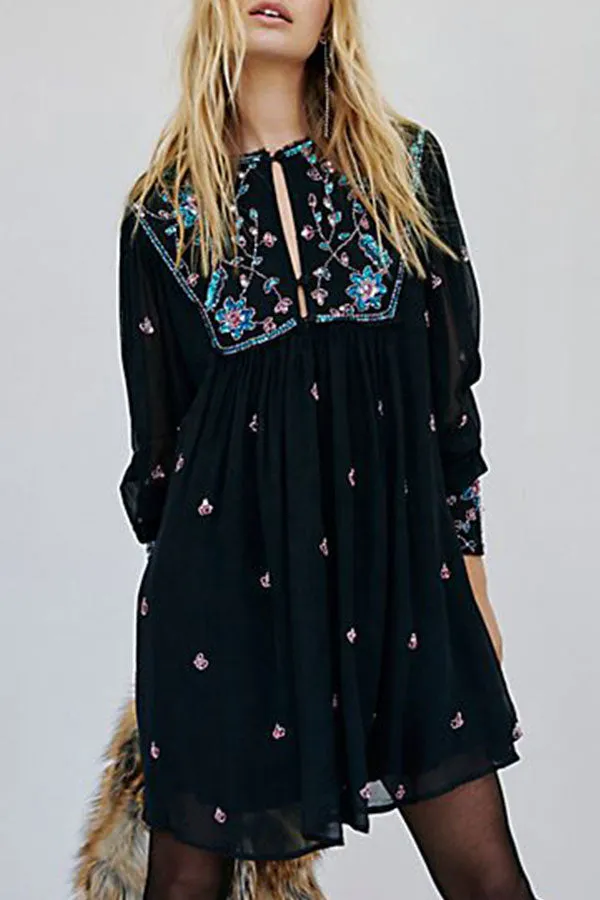 Mislish Black Embroidered Cutout Chiffon Mini Dress, black mini dress with long sleeves and embroidered front cutout