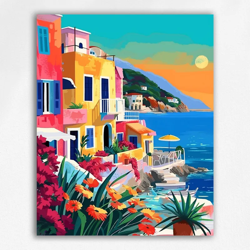 Maikoo Art Beach House paint by numbers kit showing coastal cottage scene
