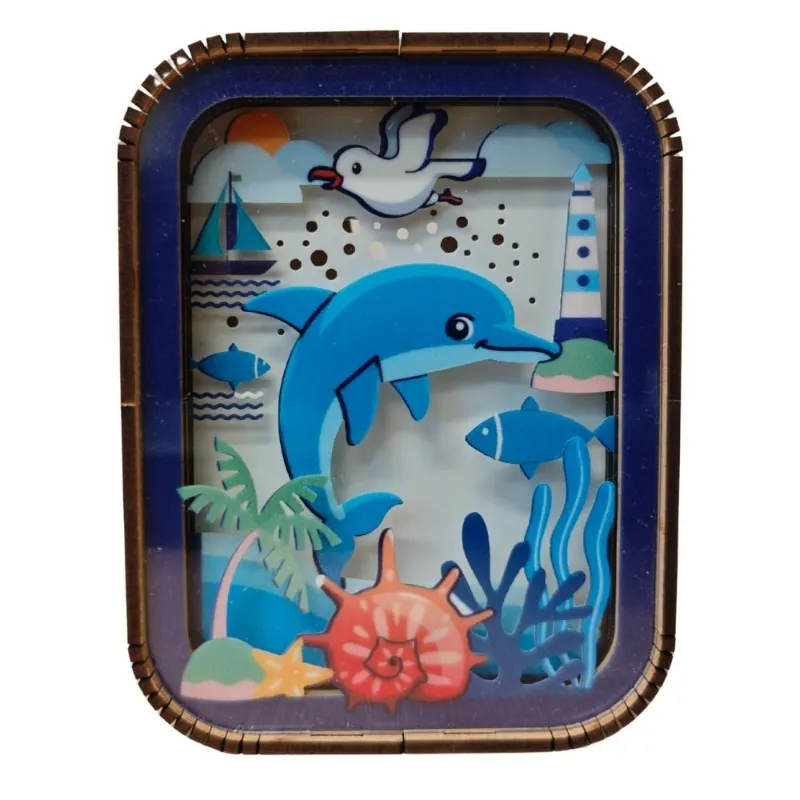 Varvikas 3D Wooden Puzzle Night Light Ocean Friends, blue dolphin with seagull, lighthouse, coral, and LED glow
