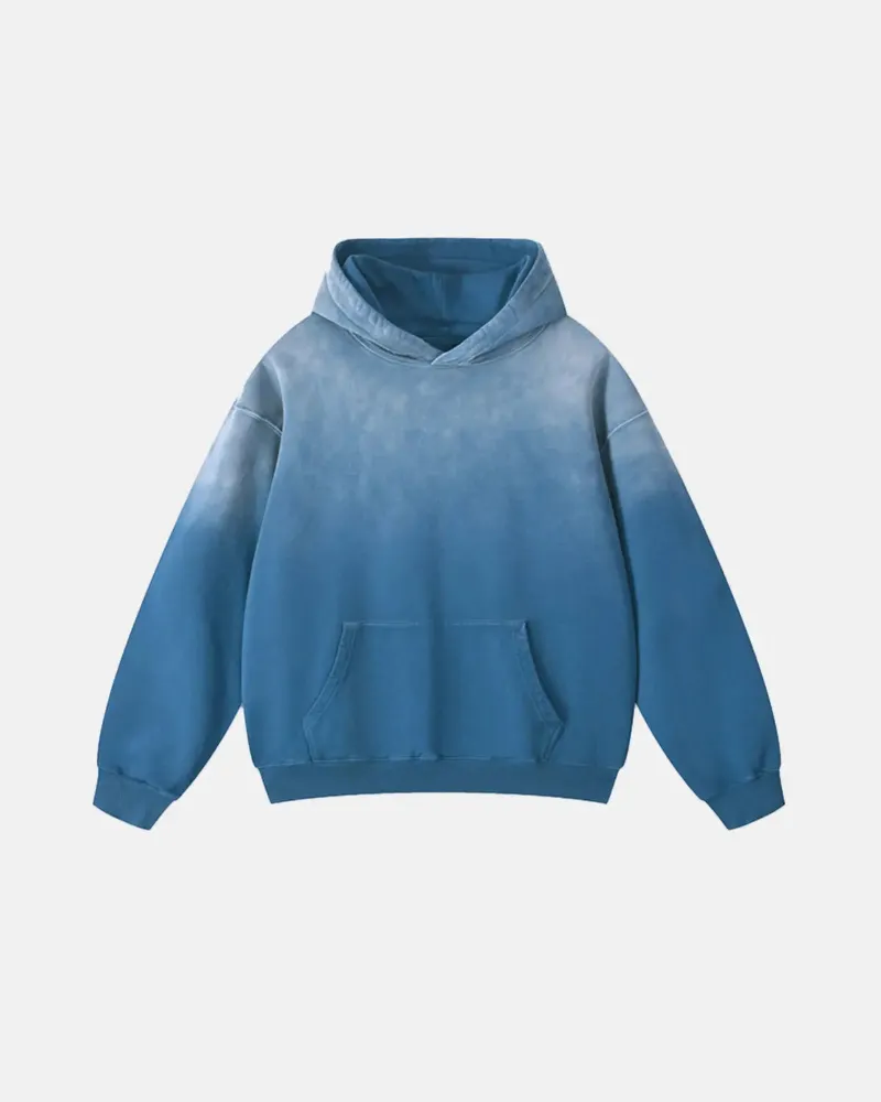 INFLATION Blue Acid Wash Oversized Hoodie with faded wash effect and kangaroo pocket