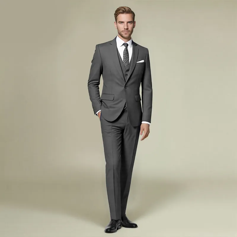 Cloudstyle 1829 Series 3-Piece Slim Fit Solid Color Jacket Smart Wedding Formal Suit Grey, front view