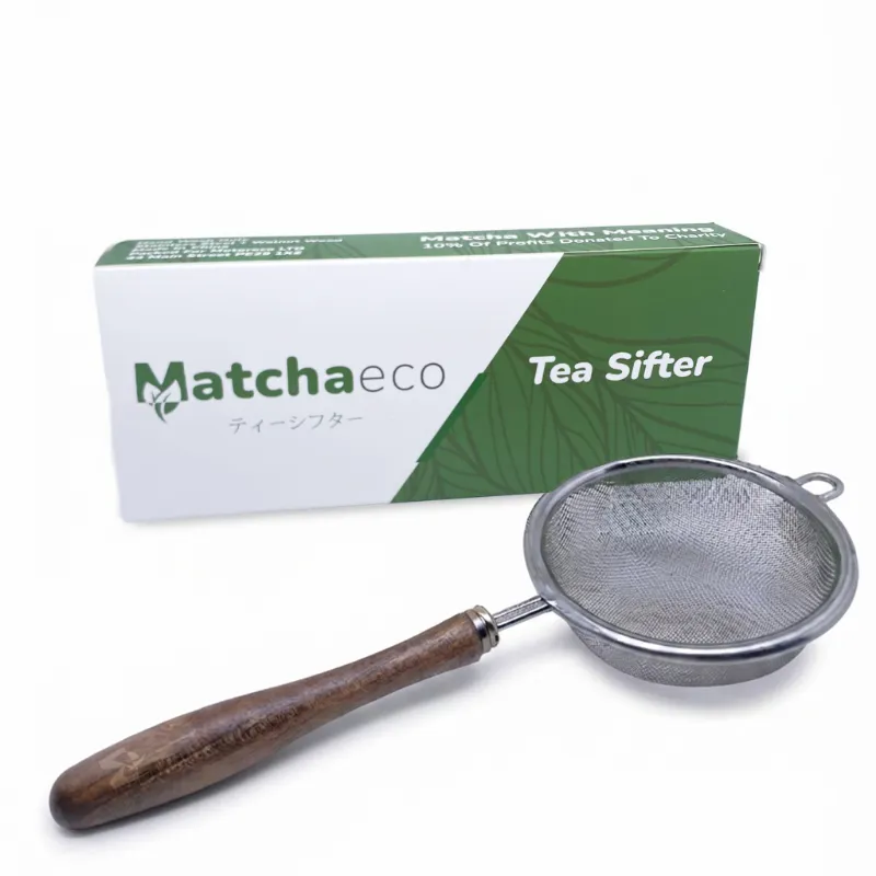 Matchaeco Walnut Matcha Sifter with stainless steel mesh and engraved walnut handle