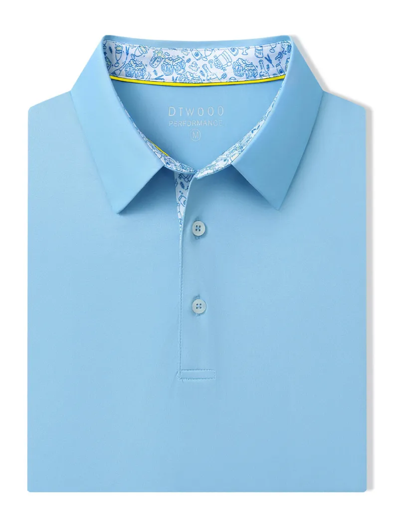 DTWOOO Designed Collared Solid Performance Polo in Light Blue, front view of golf polo shirt
