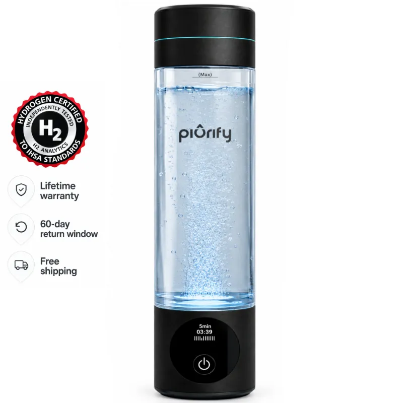 Piurify Hydrogenator Hydrogen Water Bottle in black, portable hydrogen-infusing water bottle
