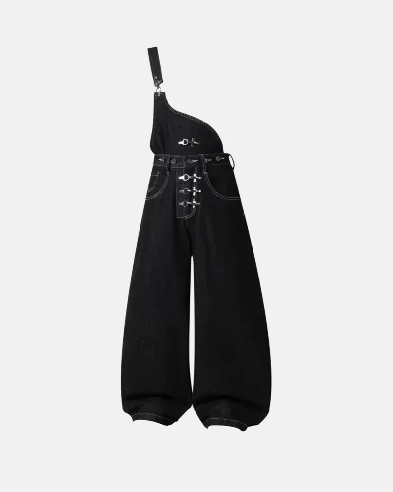 INFLATION Asymmetric Buckle Denim Overalls Jeans with detachable one-shoulder strap and metal buckles