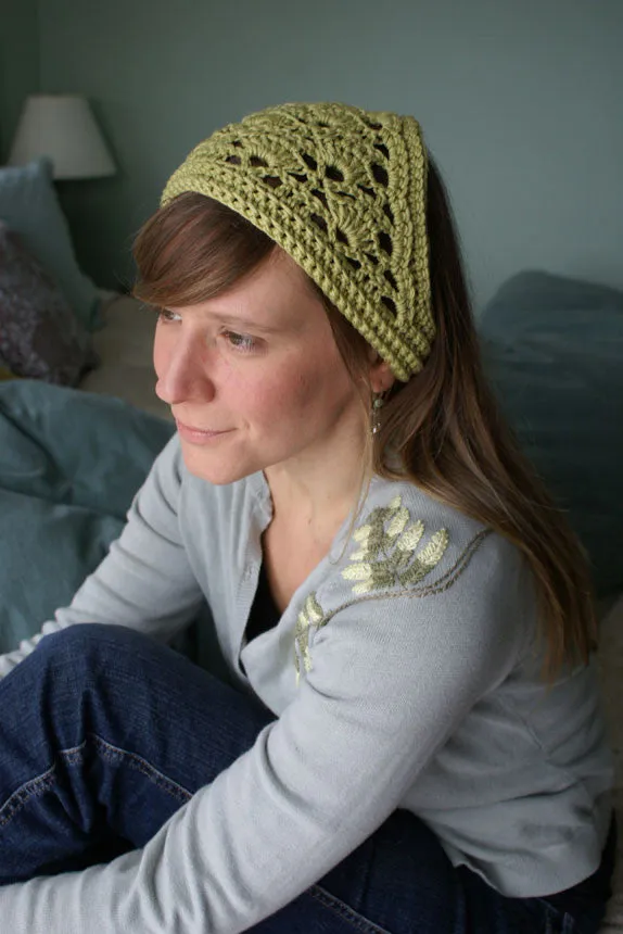 Kristen TenDyke Lacy Crochet Kerchief showing triangular lace worked from centered band