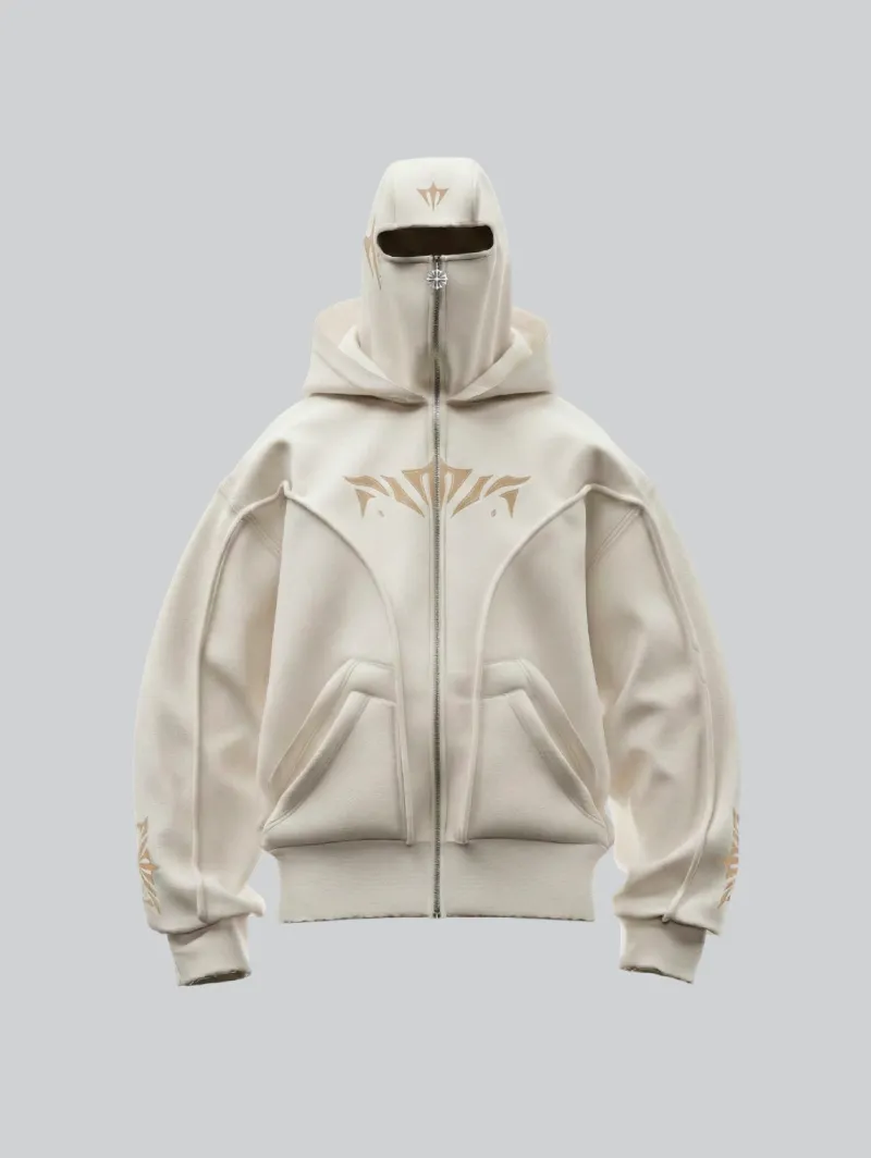ARNTREAL Beige Phantom Hoodie in beige French terry with integrated balaclava and embroidered details