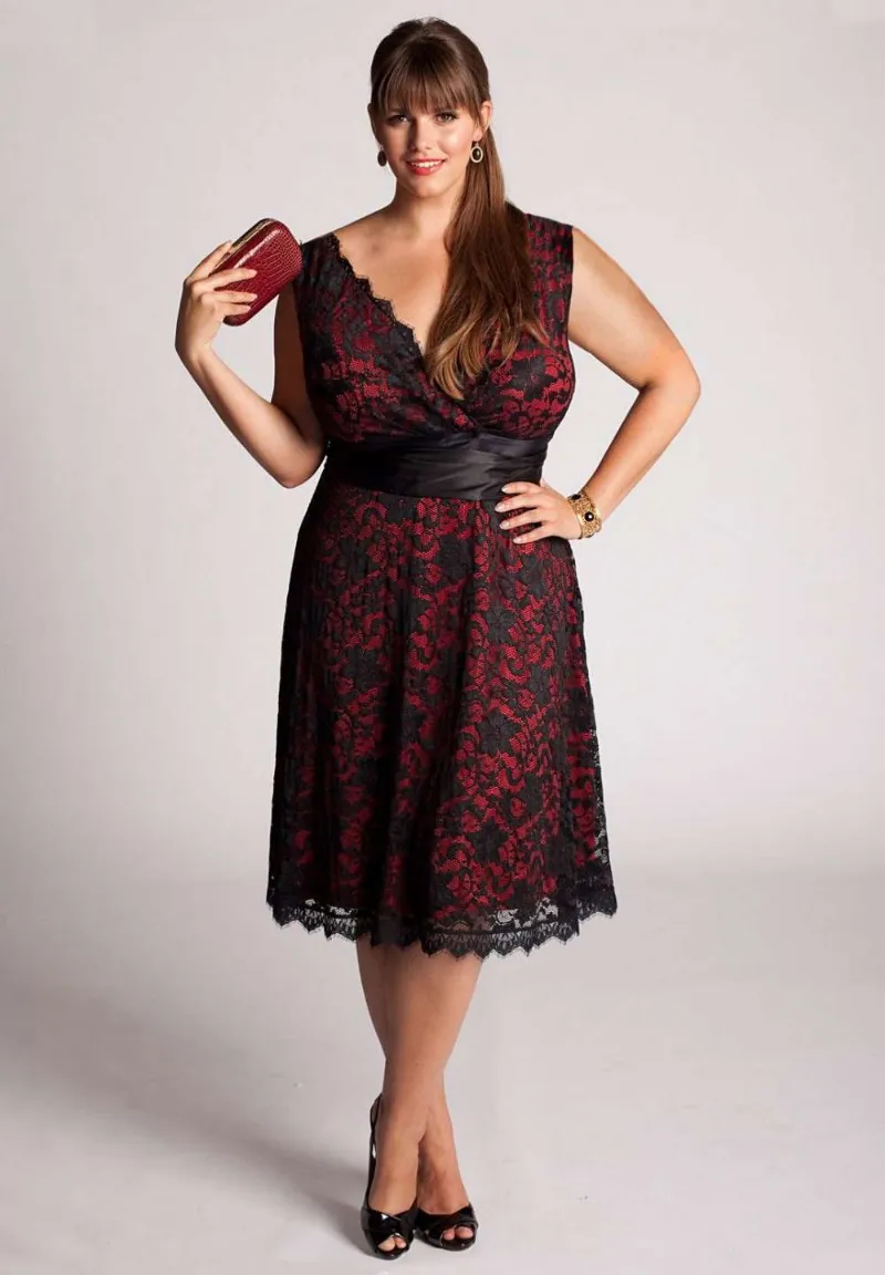 IGIGI Leigh Plus Size Red Lace dress showing a flattering silhouette in red lace