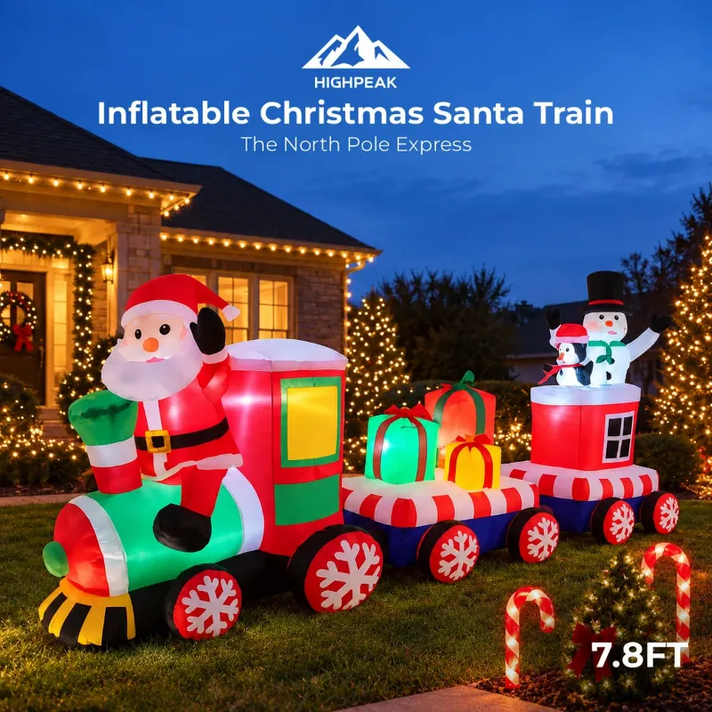 HighPeak 7.8FT Inflatable Christmas Santa Train, a lit inflatable train with Santa, snowman, and penguin on a lawn