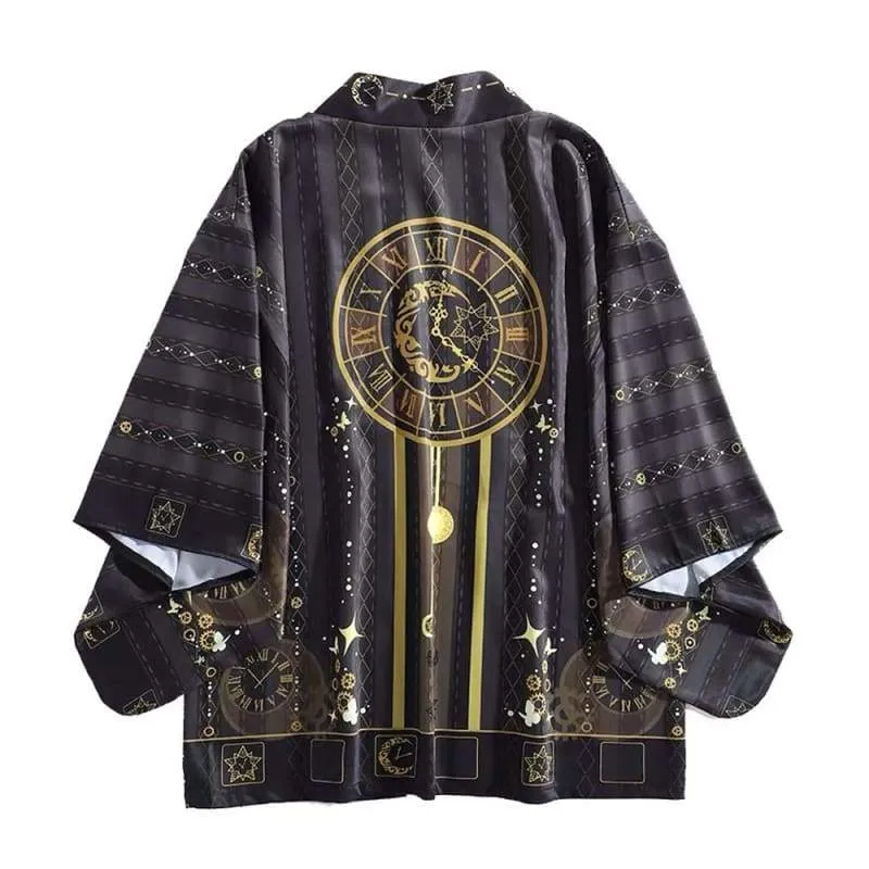 Foxtume Golden Vintage Clock Kimono Cardigan black Haori with gold clock and starry pattern