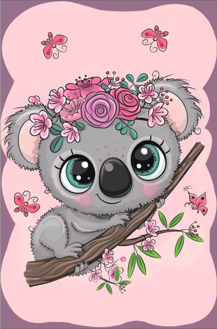 Varvikas 5D Diamond Painting Little Koala LC020e, koala with pink floral crown and butterflies