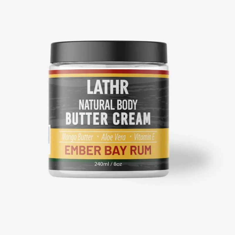 LATHR Body Butter Cream Bay Rum jar with warm spice tones