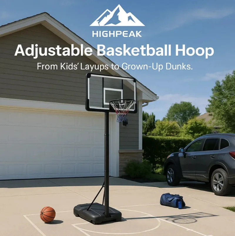 HighPeak Adjustable Basketball Hoop, a portable hoop with 44-inch backboard and wheeled base on a driveway