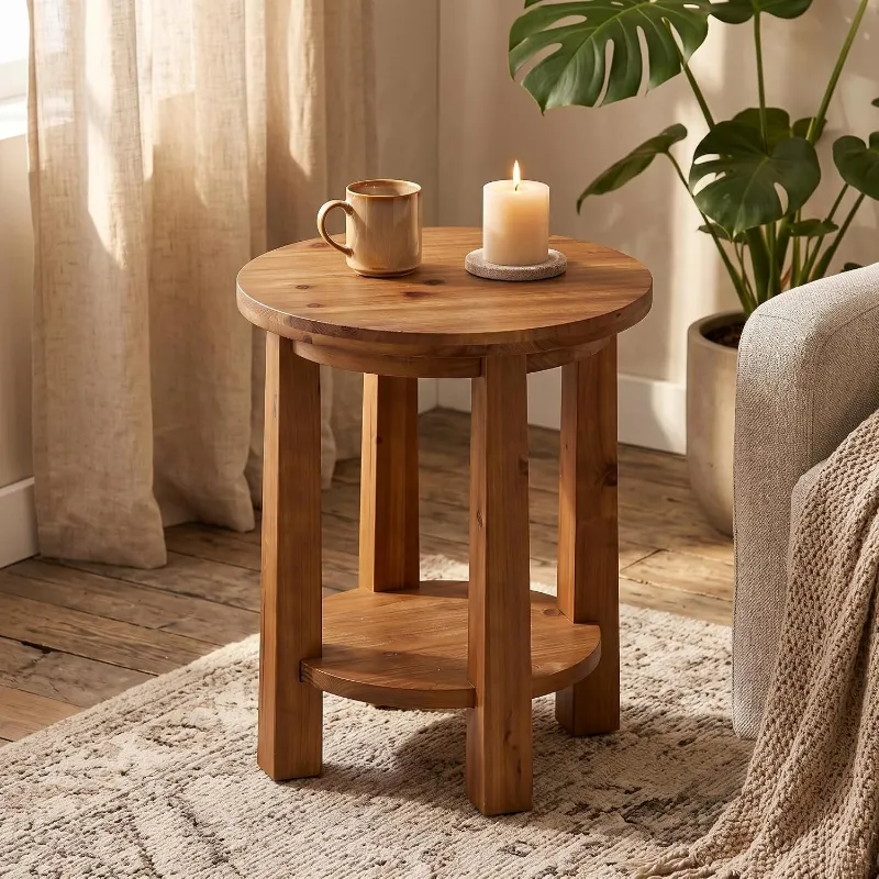 Tribesigns 19.6-inch solid wood side table with two round tiers and rustic brown finish