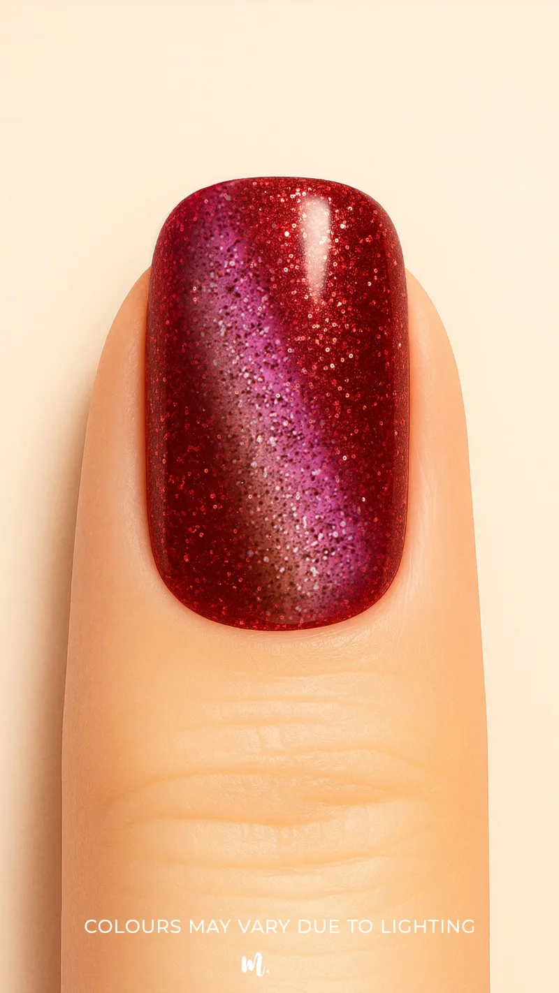 Muselot Romantic Ruby Cat Eye Nail Stickies in glossy finish on model nails
