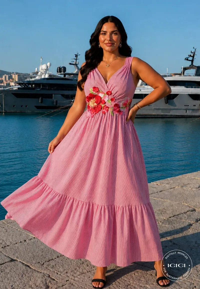 IGIGI Evangeline Dress - pink stripe floral maxi dress with floral appliqués