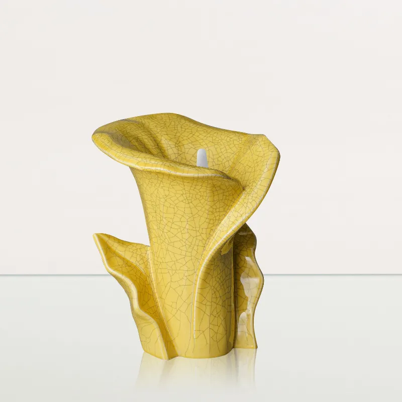 Pulvis Art Urns Calla Flower Memorial Urn for Ashes in yellow craquelure ceramic with textured lily form